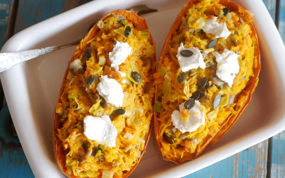 Courge SPAGHETTI farcie aux LEGUMES et au chèvre